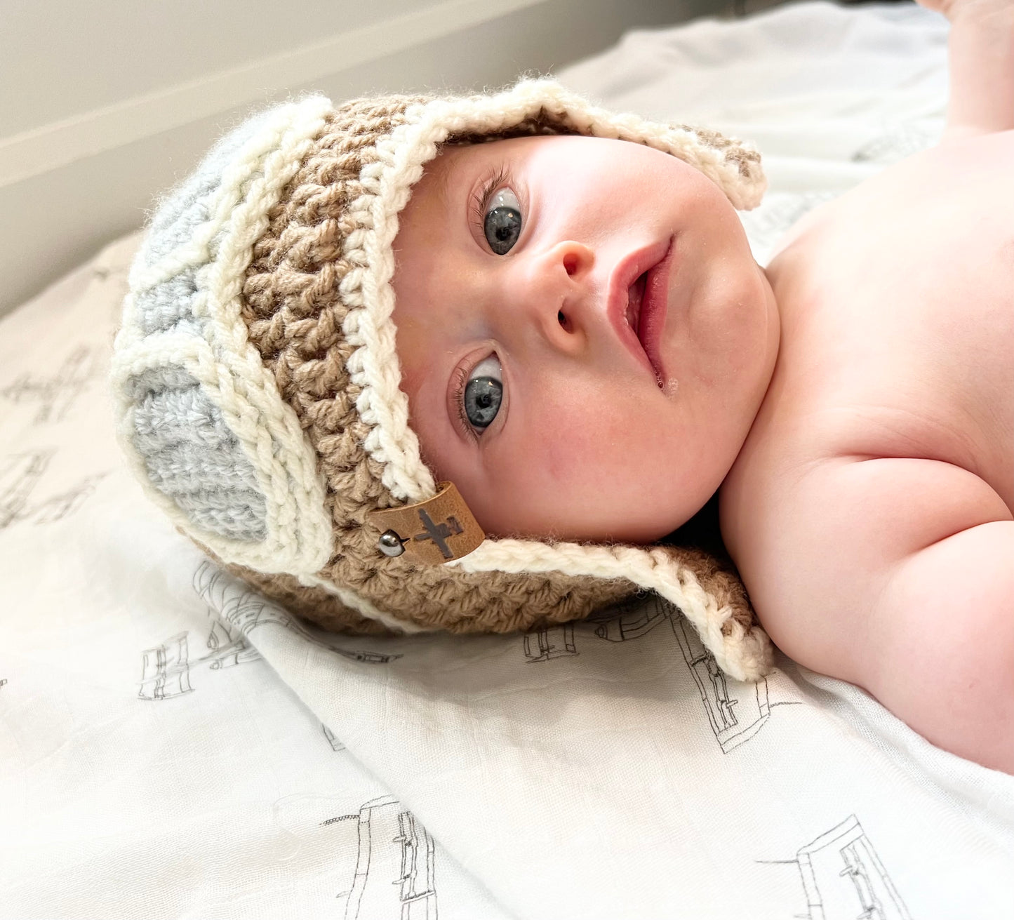 A-10_Warthog_Fighter_Jet_Blueprint_Muslin_Swaddle plus crocheted pilot hat_