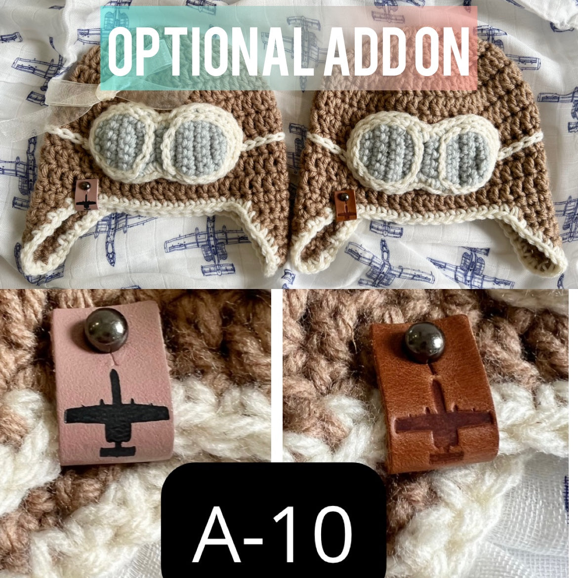 Crocheted Infant Pilot Hat with A-10 fighter jet leather tag options