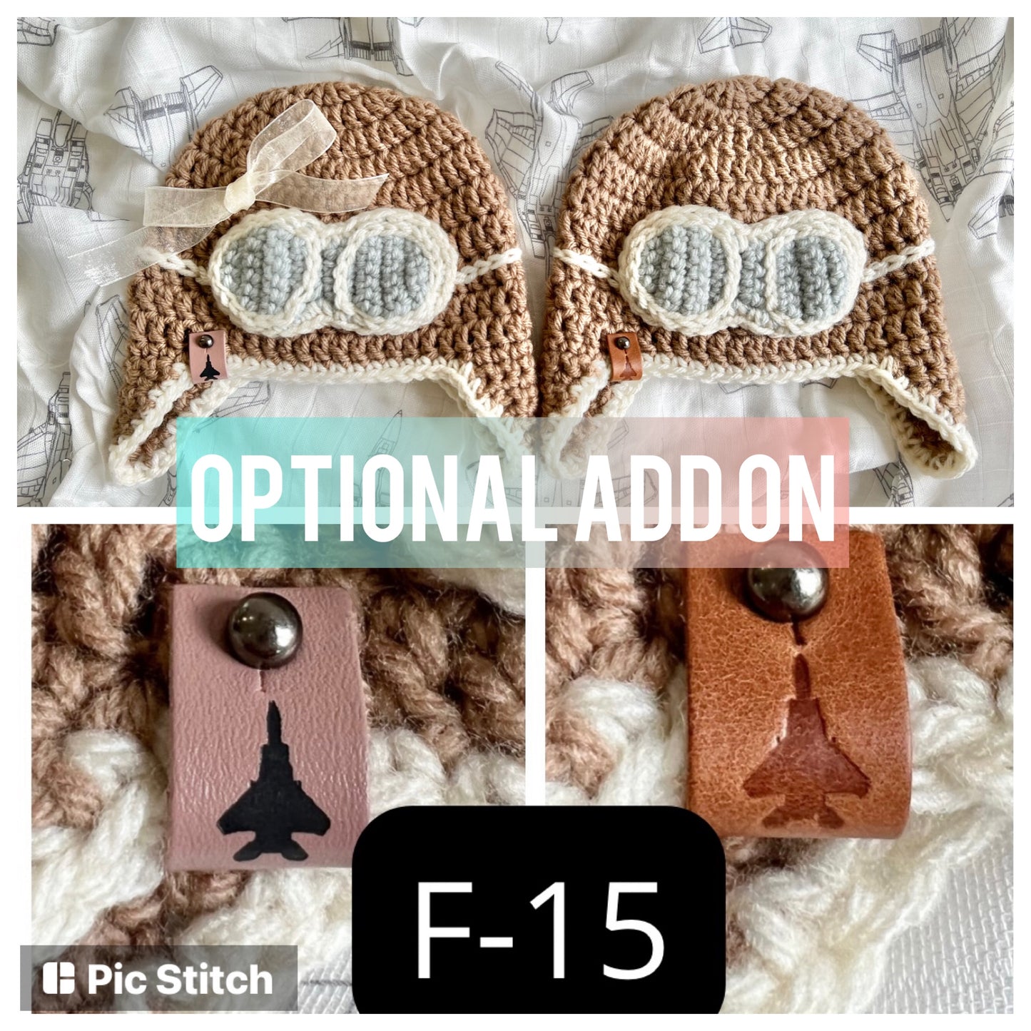 Crocheted Infant Pilot Hat with F-15 fighter jet leather tag options