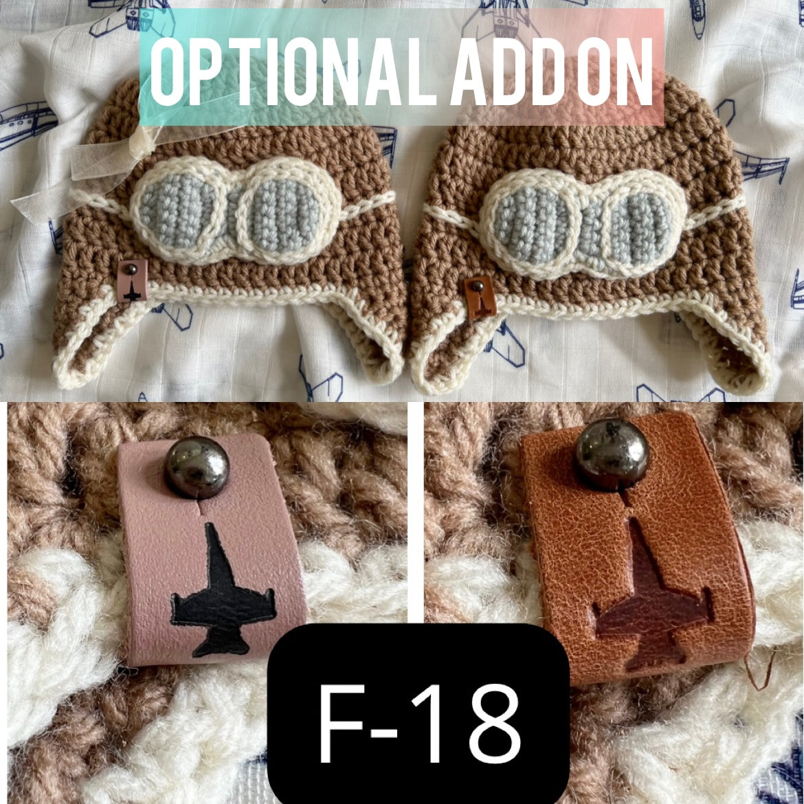 Crocheted Infant Pilot Hat with F-18 fighter jet leather tag options