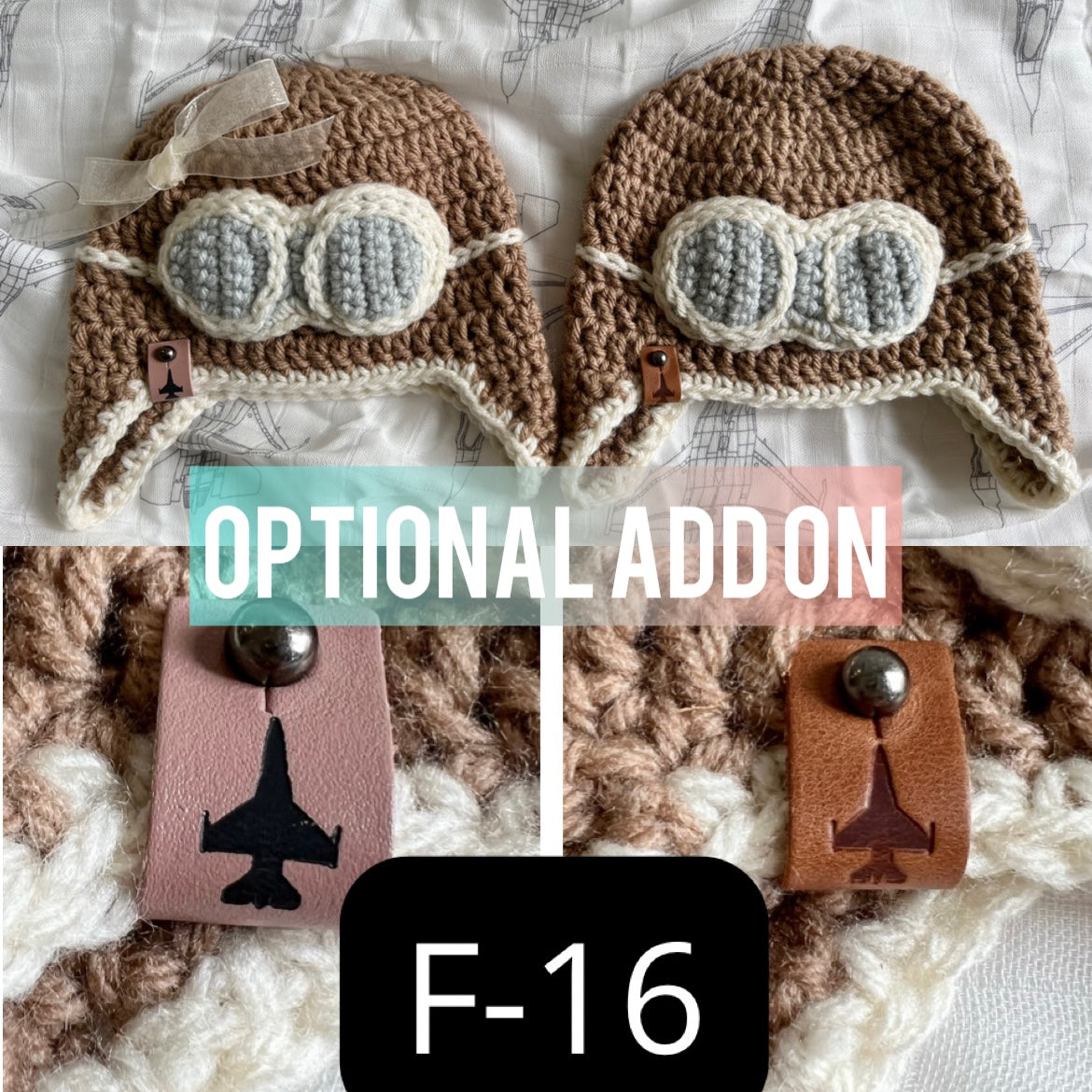 Crocheted Infant Pilot Hat with F-18 fighter jet leather tag options