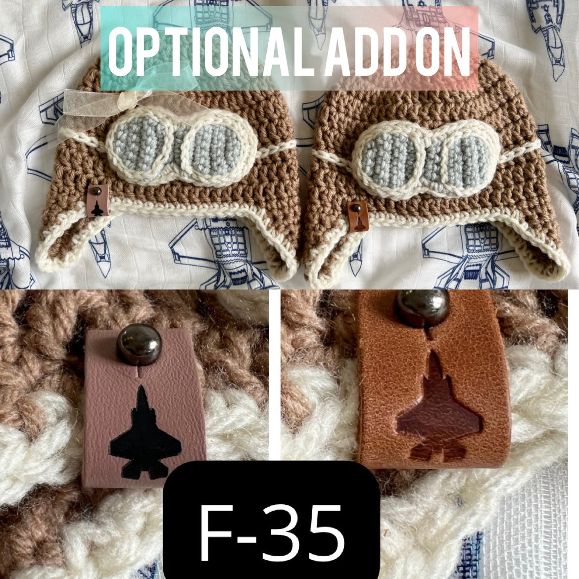 Crocheted Infant Pilot Hat with F-35 fighter jet leather tag options