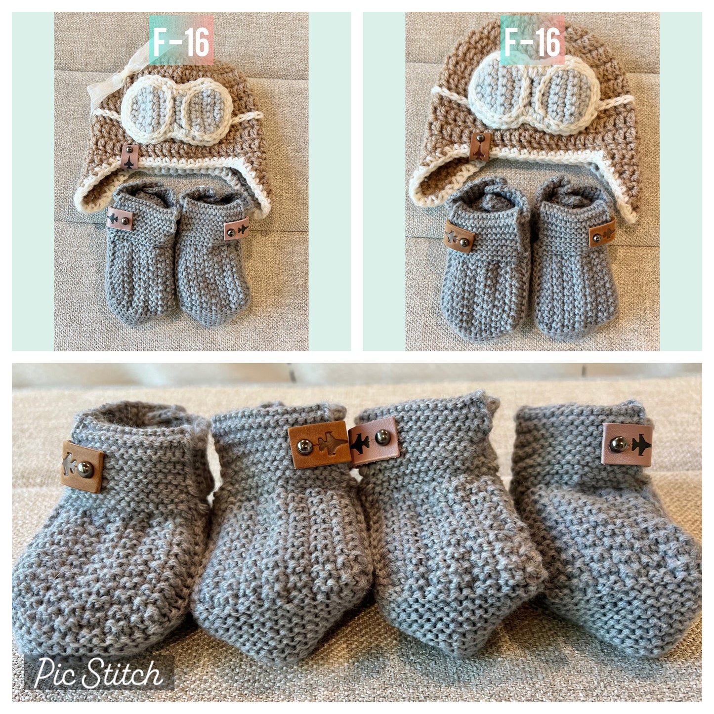 F-16_Crocheted_Booties_and_Pilot_hat_mauve_and_leather_tags