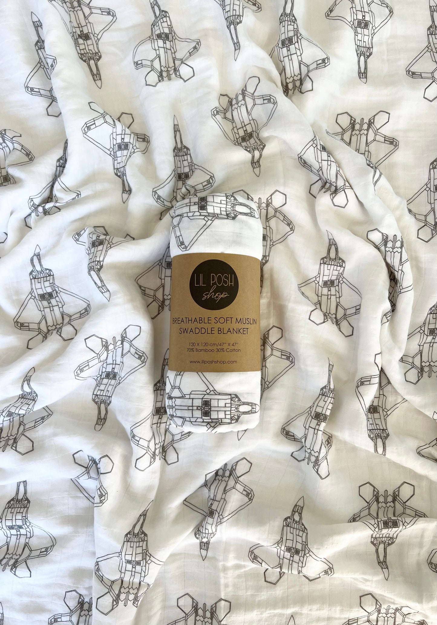 F-22 Raptor Blueprint Fighter Jet Muslin Swaddle/Blanket in TAUPE GREY
