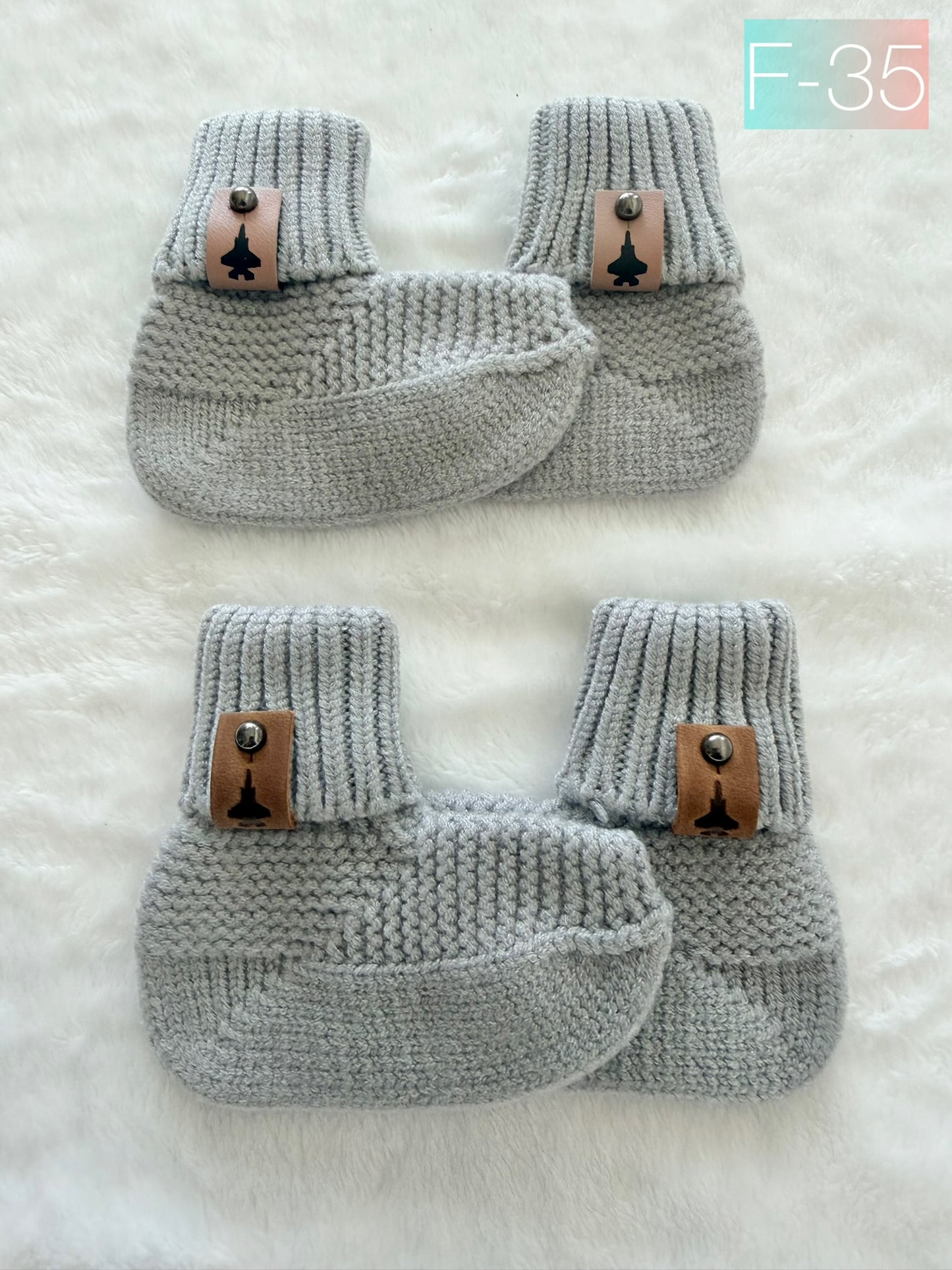 Crochet Baby Booties w/ Leather Tag (offered in A-10, F-15, F-16, F-18, F-22, F-35)