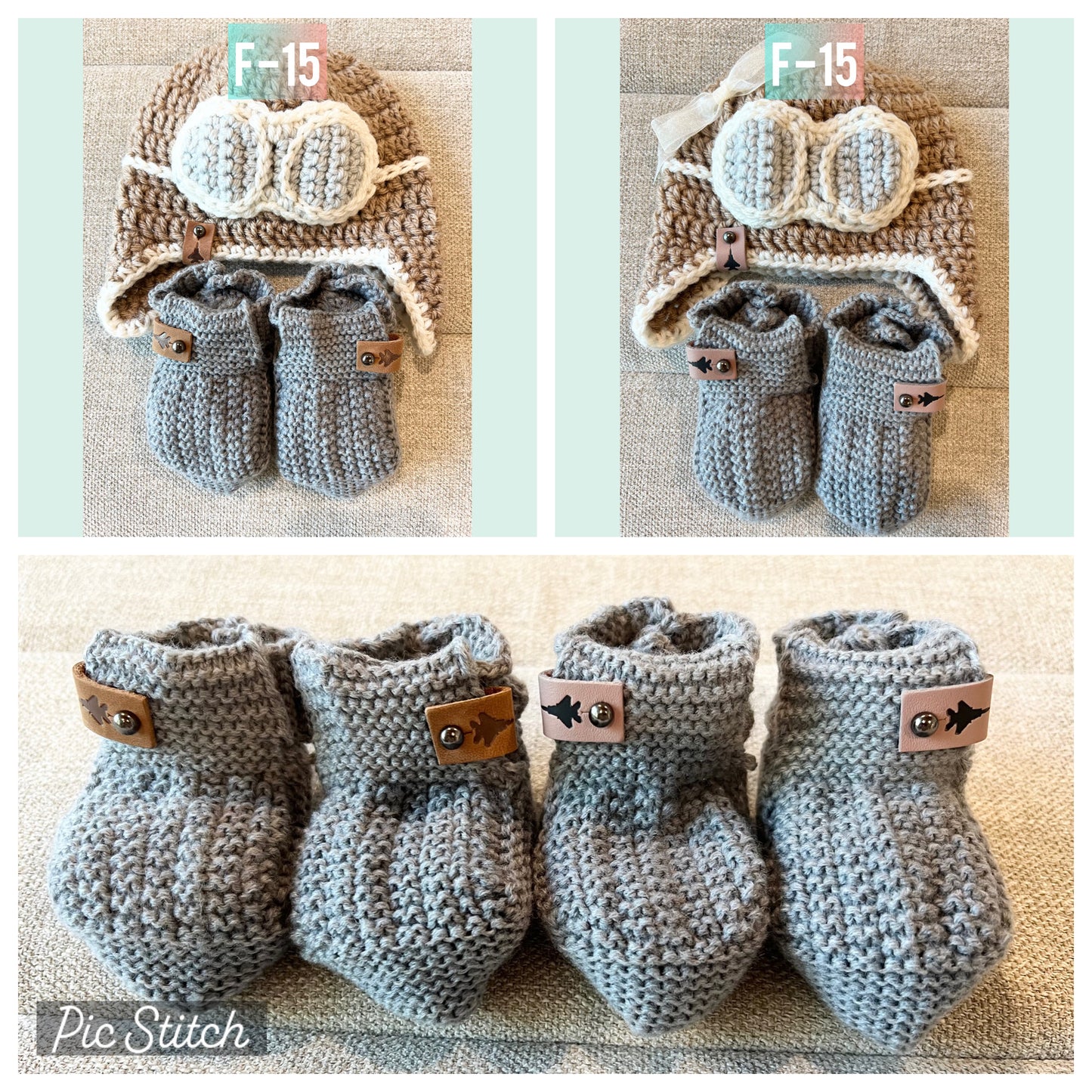 F15_Crocheted_Baby_Booties_and_Pilot_Hat_mauve_and_camel_tags