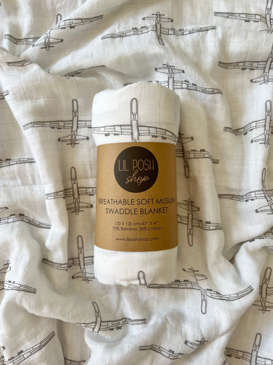 MQ-9 Reaper Blueprint Fighter Jet Muslin Swaddle/Blanket in TAUPE GREY