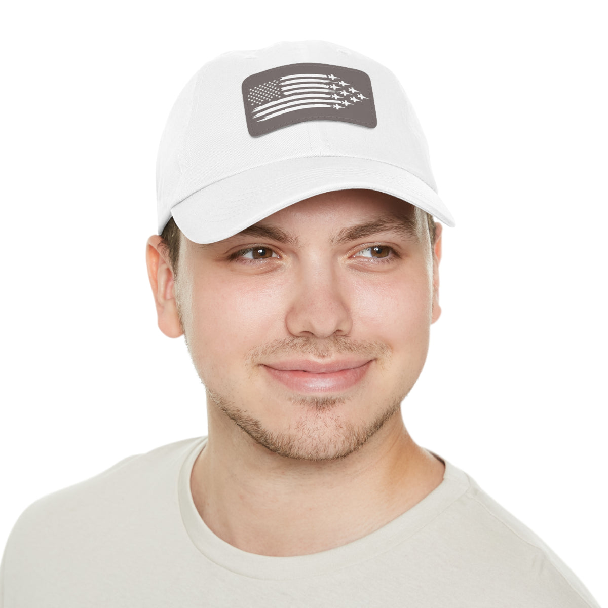 American Flag Hat with Leather Patch white/grey patch