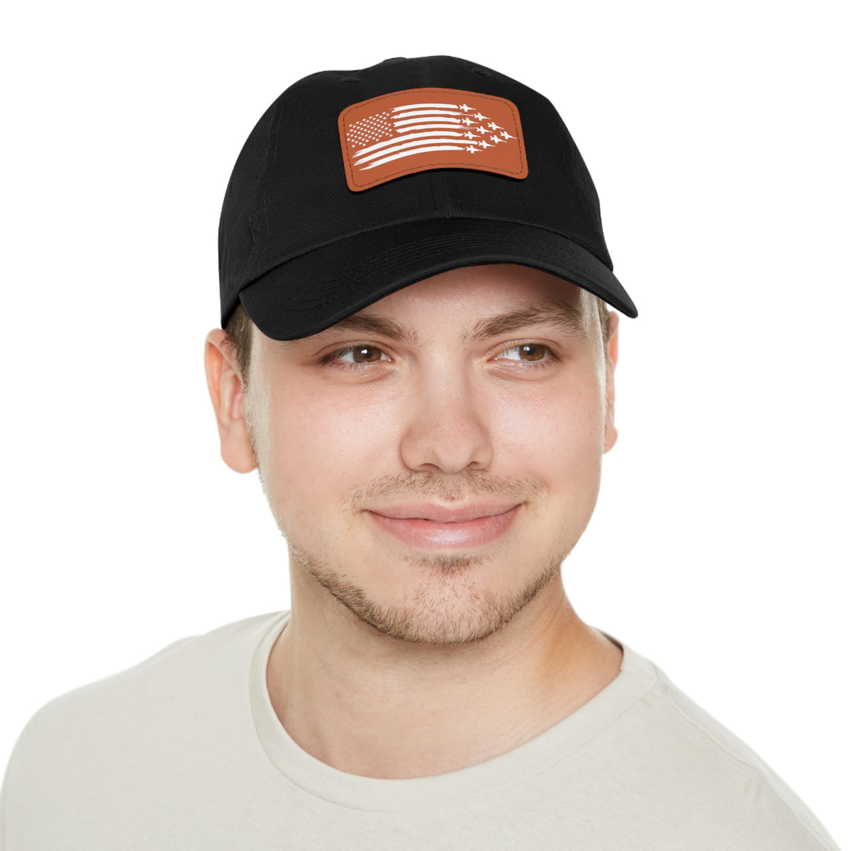 American Flag Hat with Leather Patch black/light brown patch