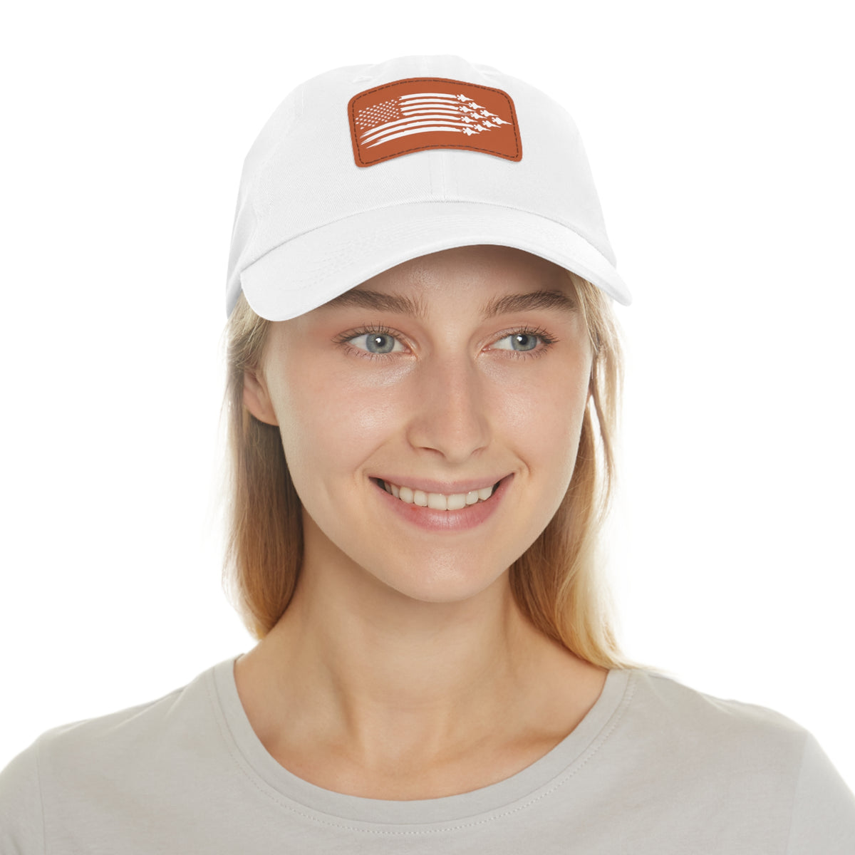 American Flag Hat with Leather Patch white/light brown patch