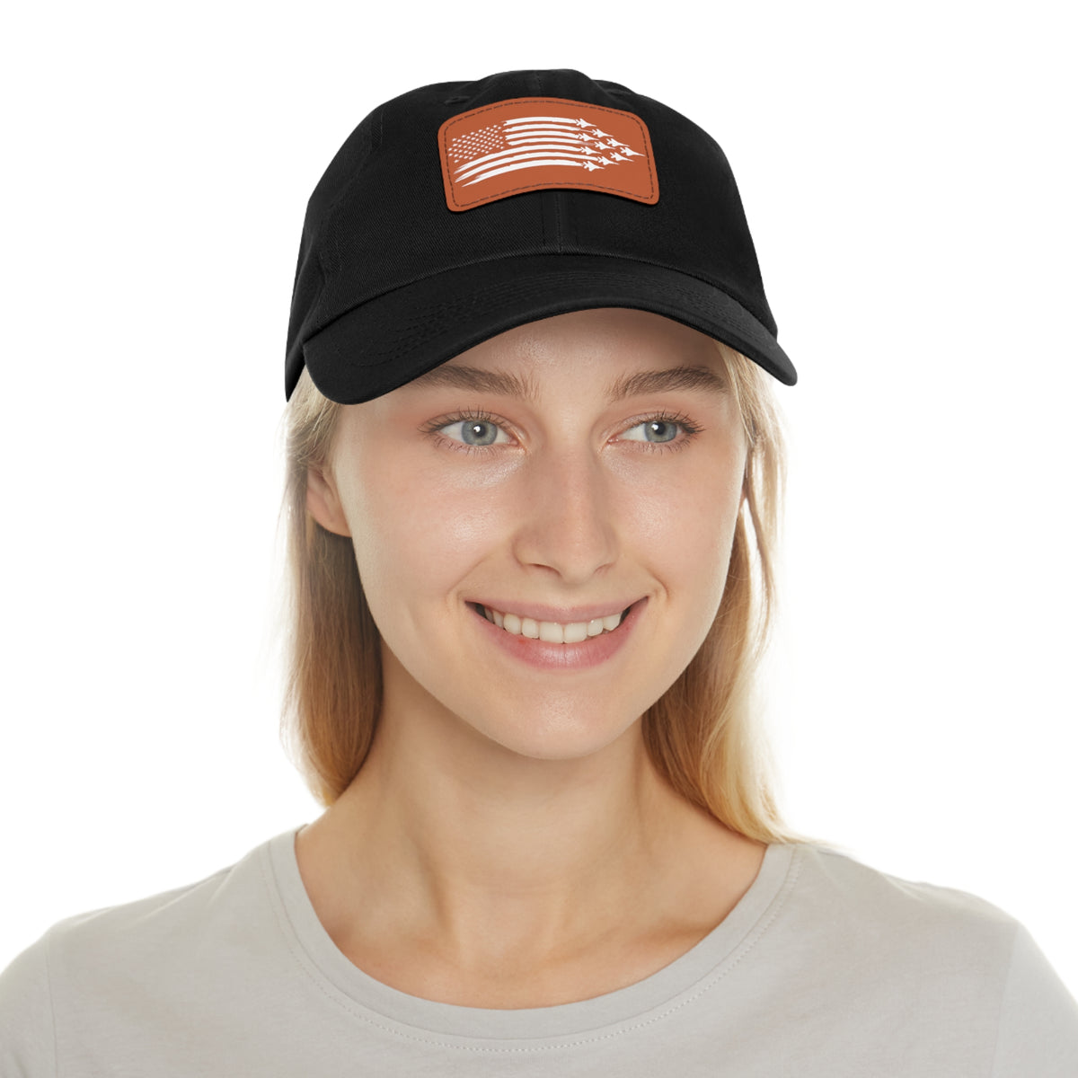 American Flag Hat with Leather Patch black/light brown patch
