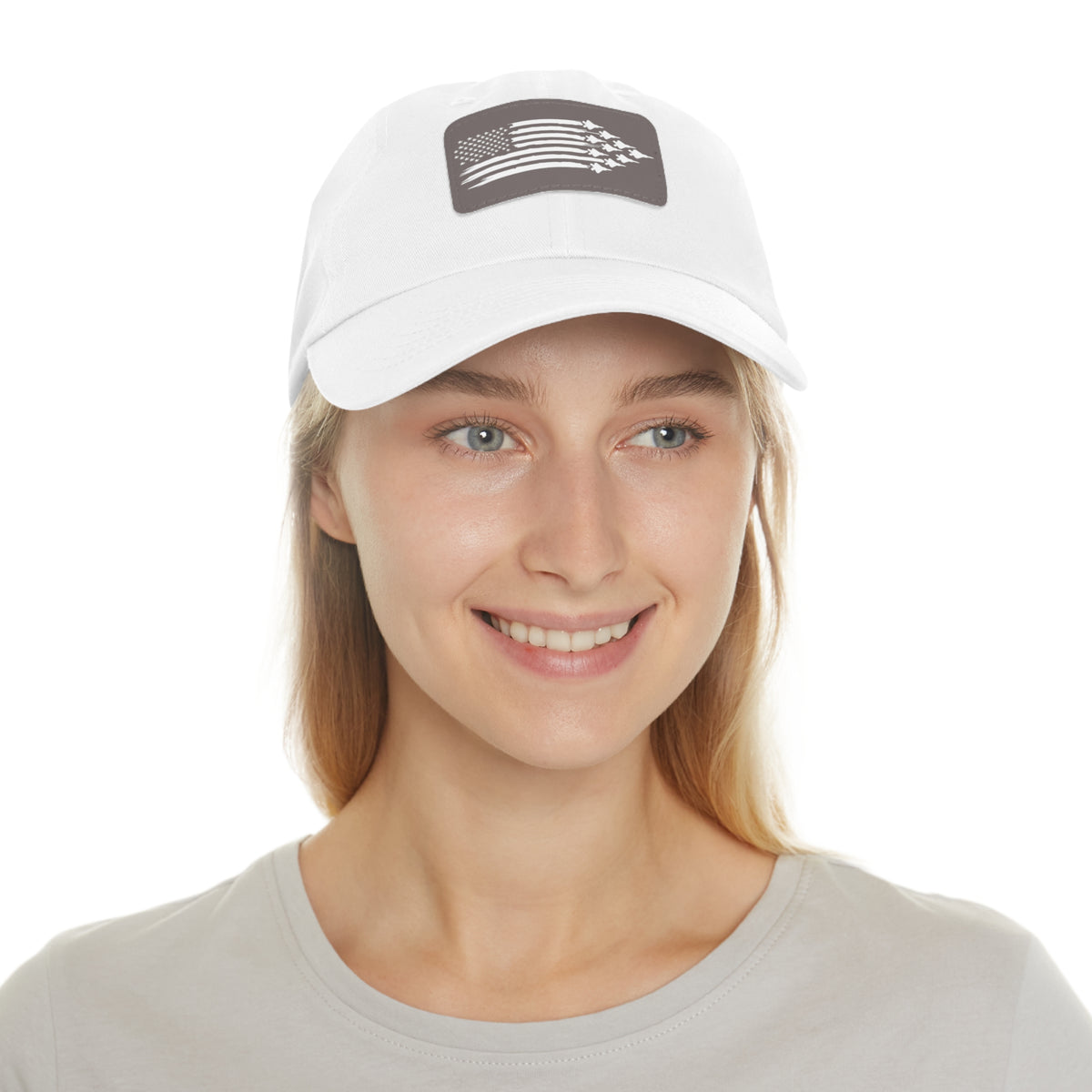 American Flag Hat with Leather Patch white/grey patch