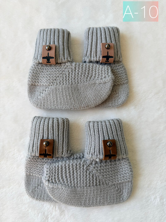 Crochet Baby Booties w/ Leather Tag (offered in A-10, F-15, F-16, F-18, F-22, F-35)