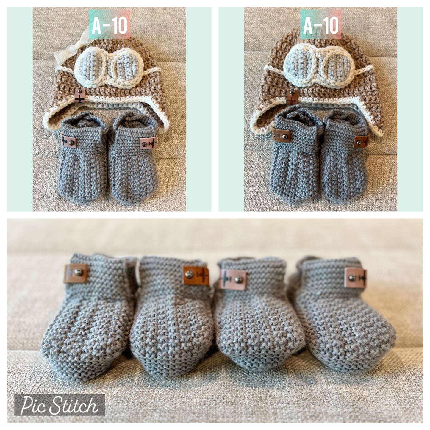A-10 crocheted baby booties and pilot hat-camel and mauve leather tag options