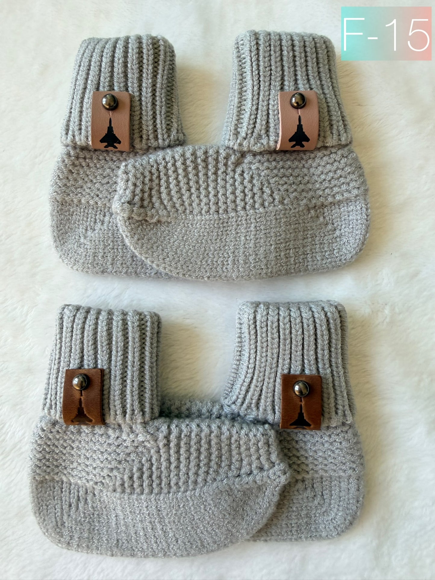 Crochet Baby Booties w/ Leather Tag (offered in A-10, F-15, F-16, F-18, F-22, F-35)