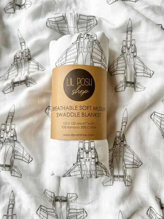 F-15C Blueprint Fighter Jet Muslin Swaddle/Blanket in TAUPE GREY