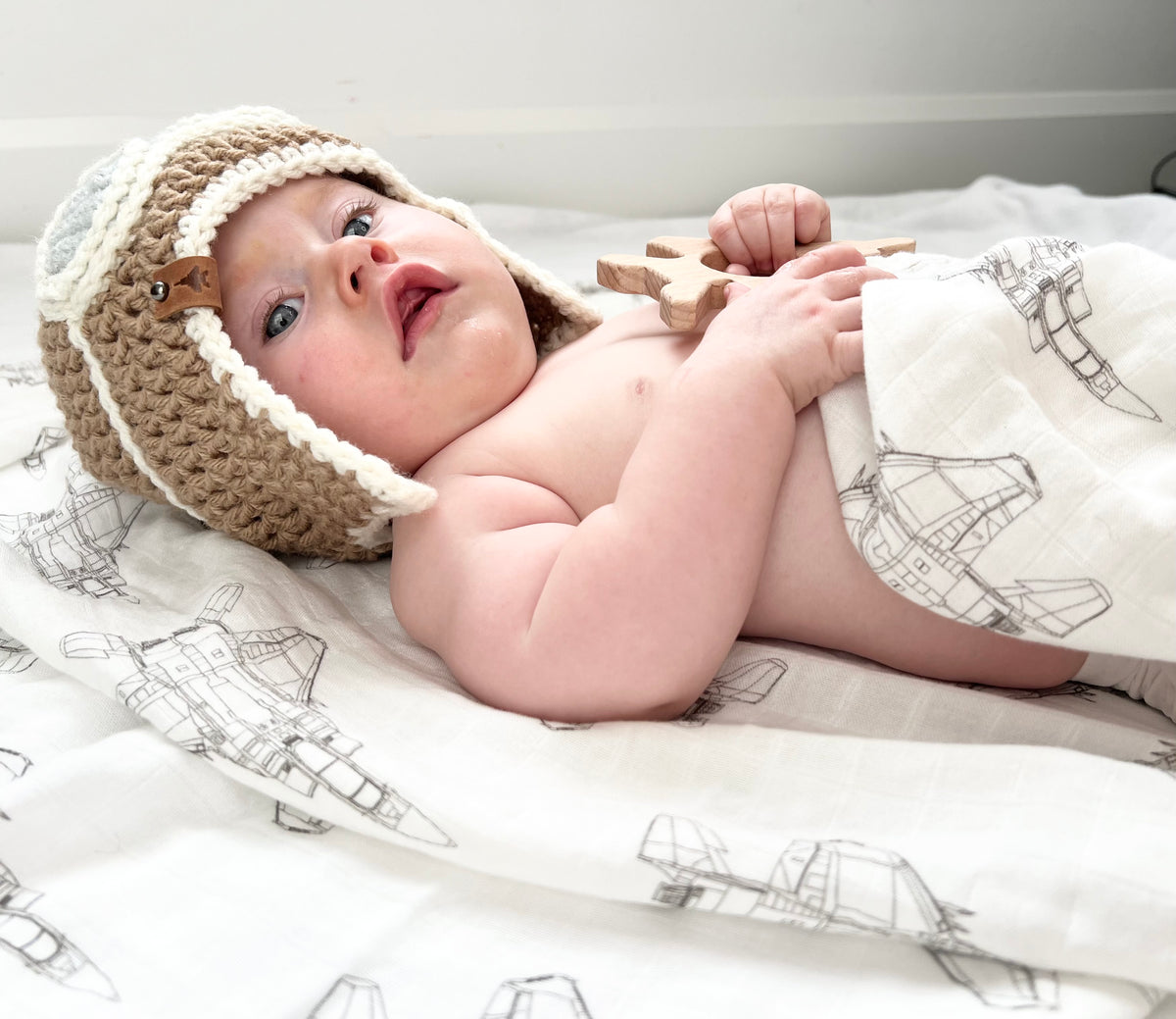 F-15E Blueprint Fighter Jet Muslin Swaddle/Blanket in TAUPE GREY