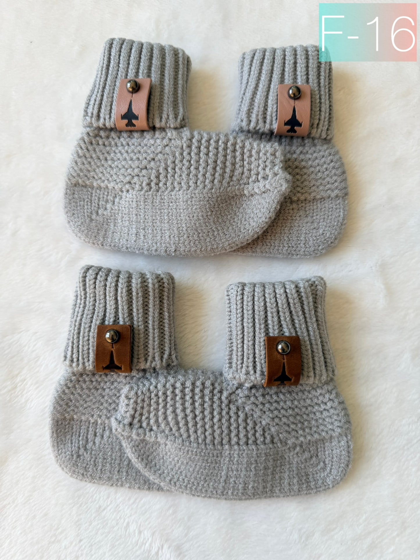 Crochet Baby Booties w/ Leather Tag (offered in A-10, F-15, F-16, F-18, F-22, F-35)