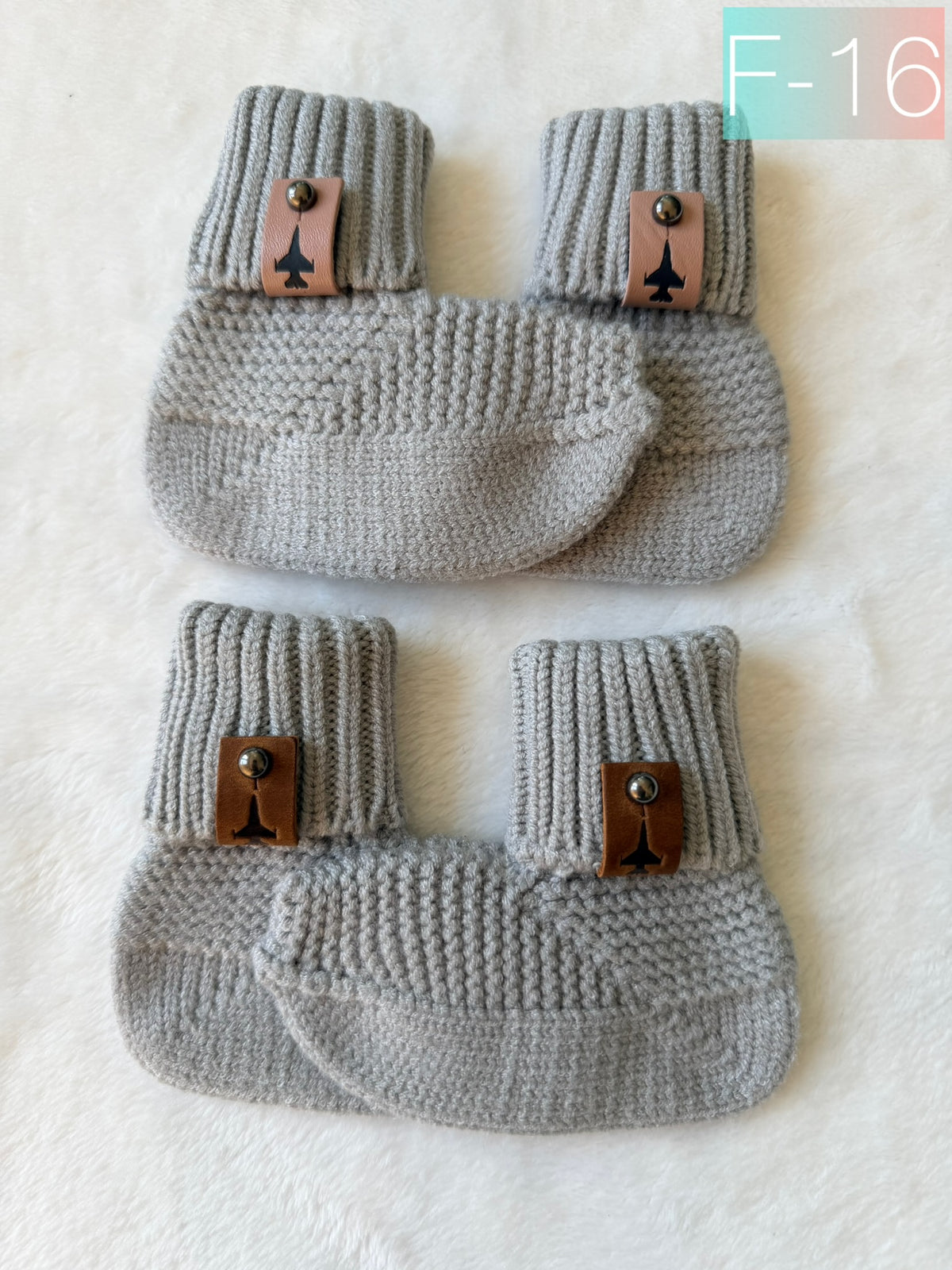 Crochet Baby Booties w/ Leather Tag (offered in A-10, F-15, F-16, F-18, F-22, F-35)