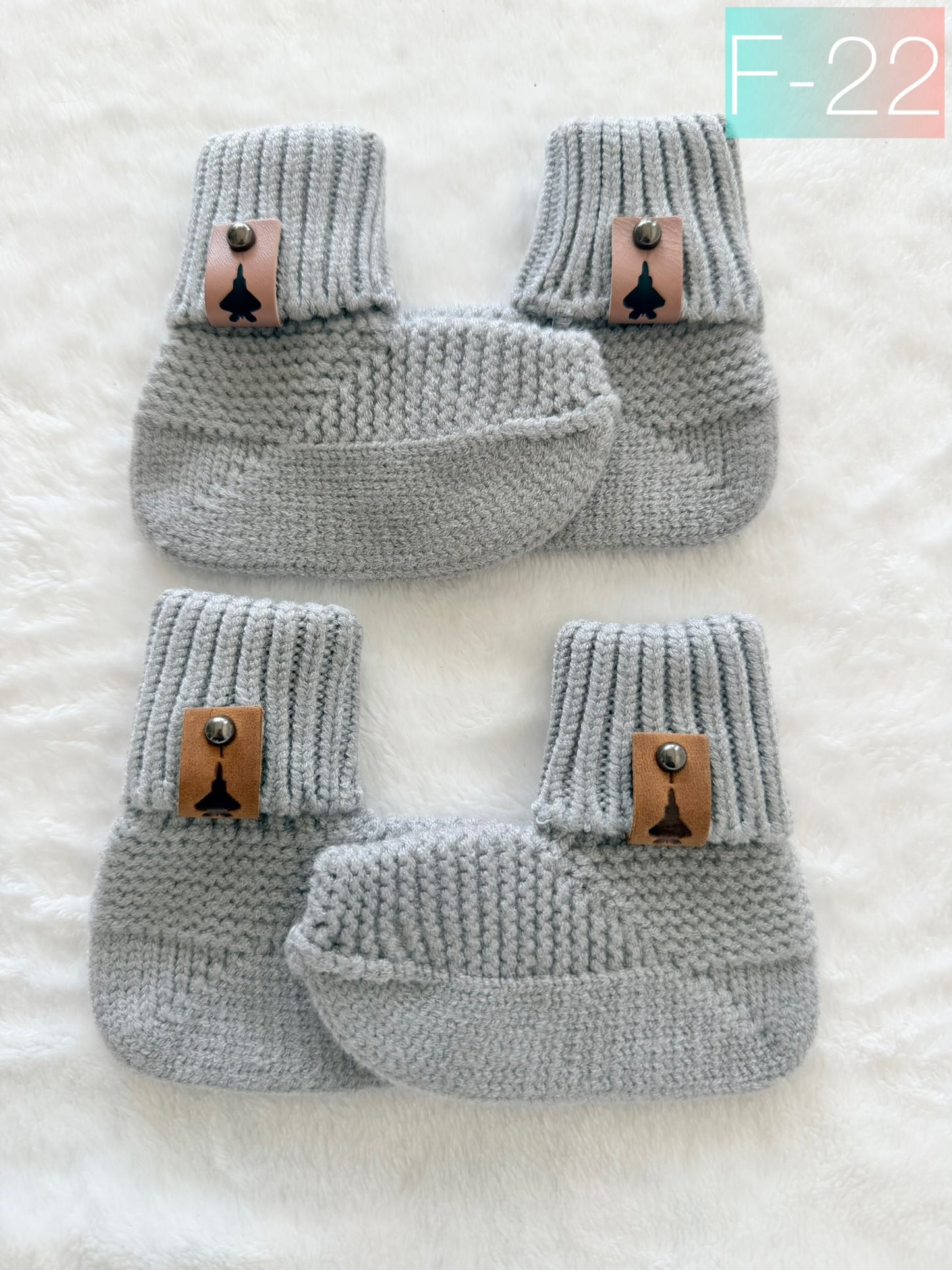 Crochet Baby Booties w/ Leather Tag (offered in A-10, F-15, F-16, F-18, F-22, F-35)