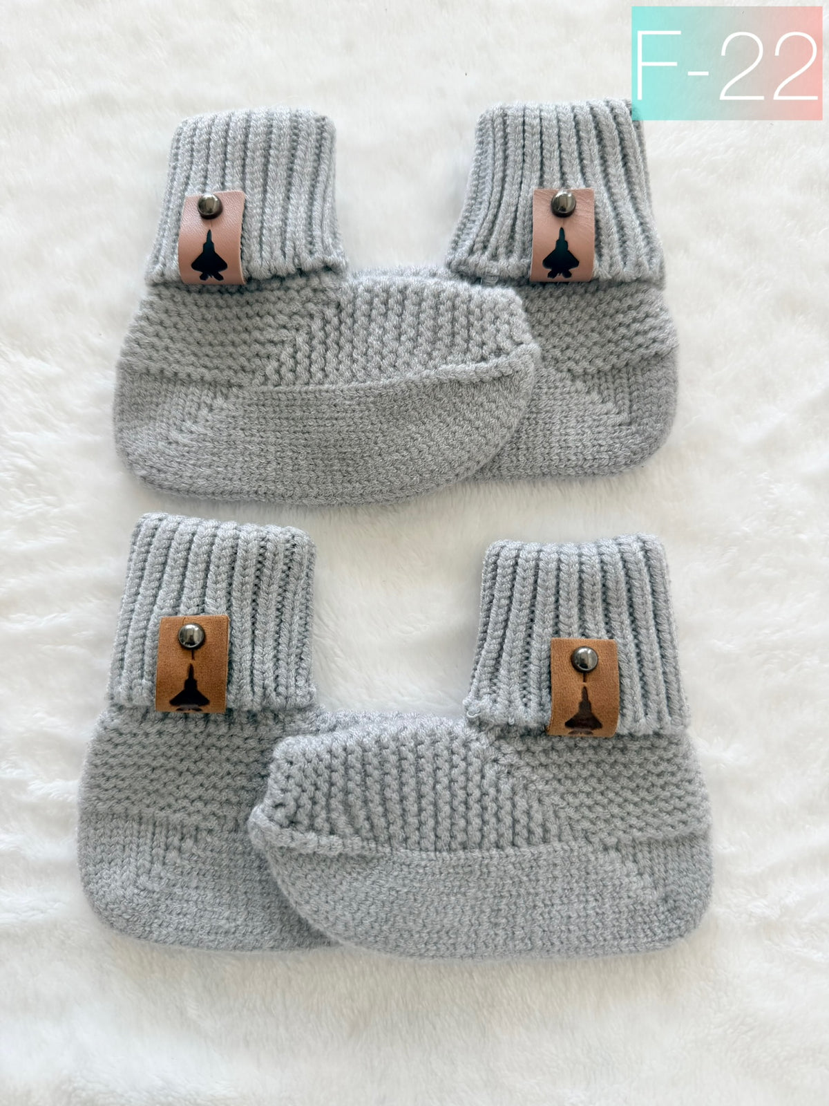 Crochet Baby Booties w/ Leather Tag (offered in A-10, F-15, F-16, F-18, F-22, F-35)