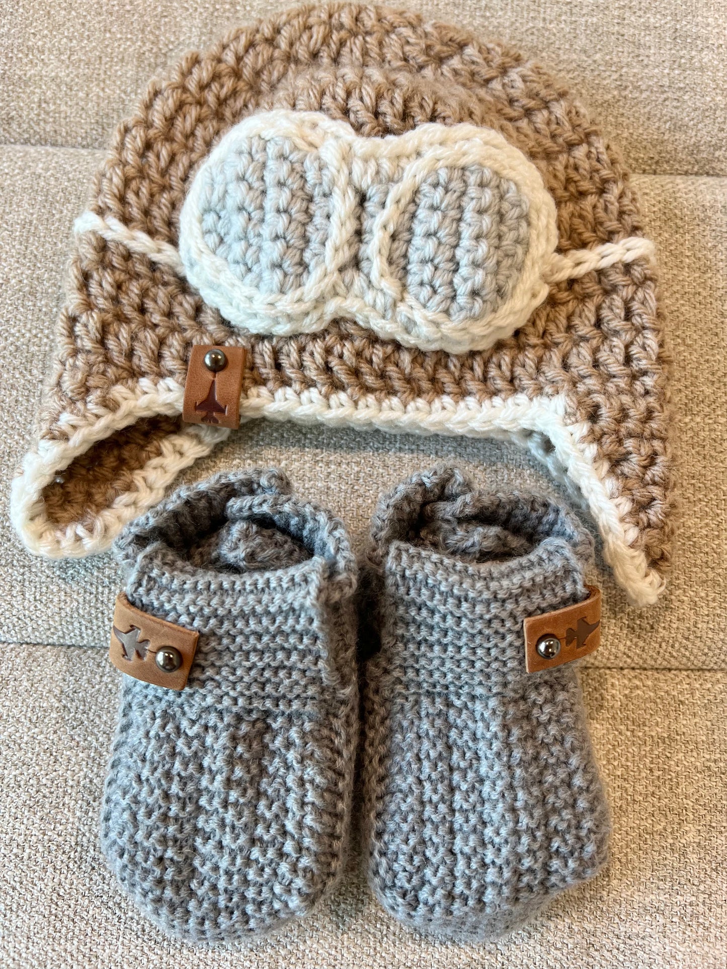 Crochet Baby Booties w/ Leather Tag (offered in A-10, F-15, F-16, F-18, F-22, F-35)