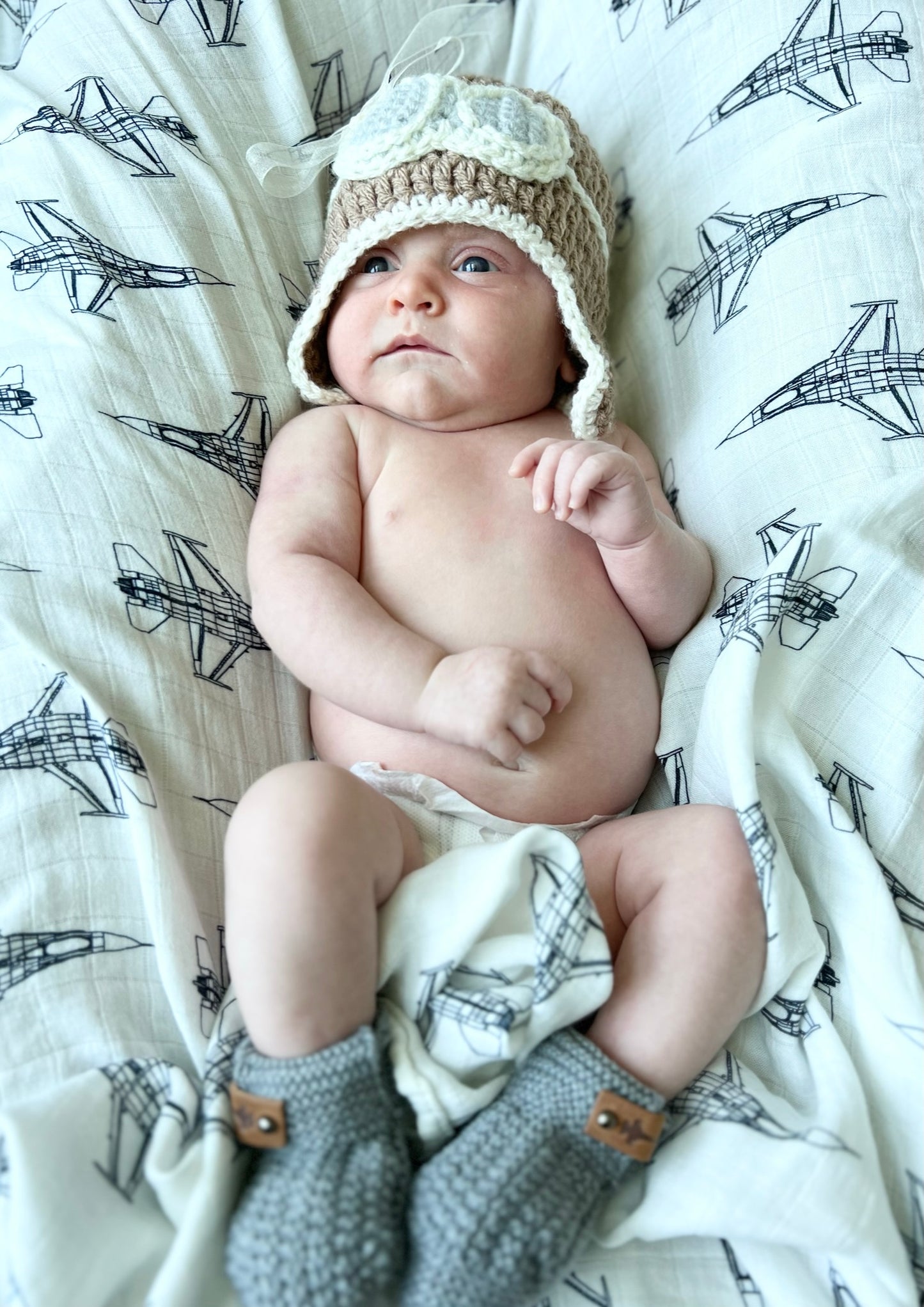 Crocheted Pilot/Aviator Cap/Hat & Infant Bootie Set w/ Jet tag of choice (offered in A-10, F-15, F-16, F-18, F-22 or F-35)