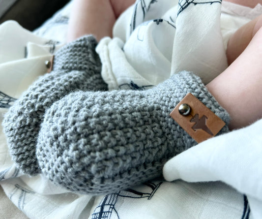 Crochet Baby Booties w/ Leather Tag (offered in A-10, F-15, F-16, F-18, F-22, F-35)