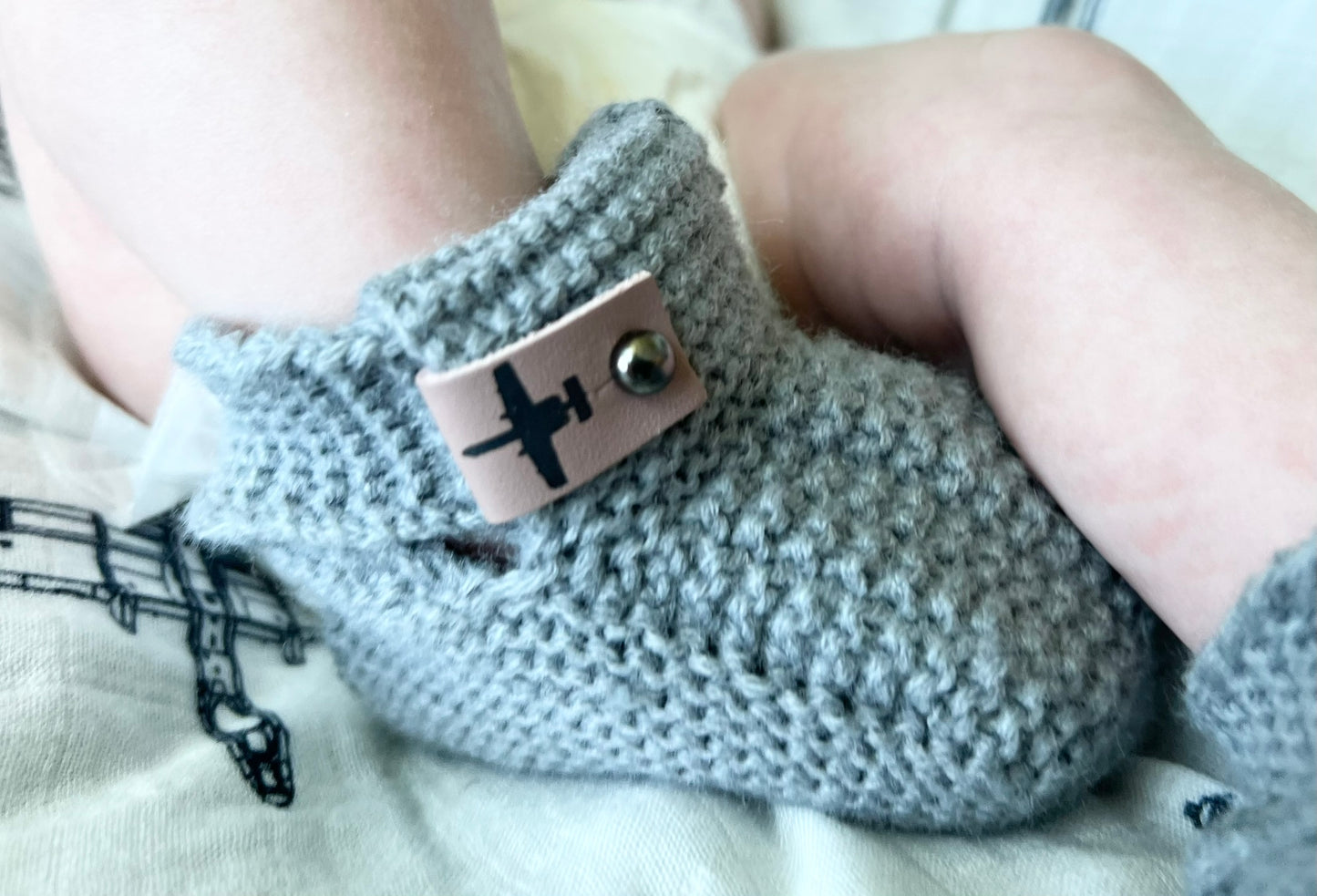 Crochet Baby Booties w/ Leather Tag (offered in A-10, F-15, F-16, F-18, F-22, F-35)