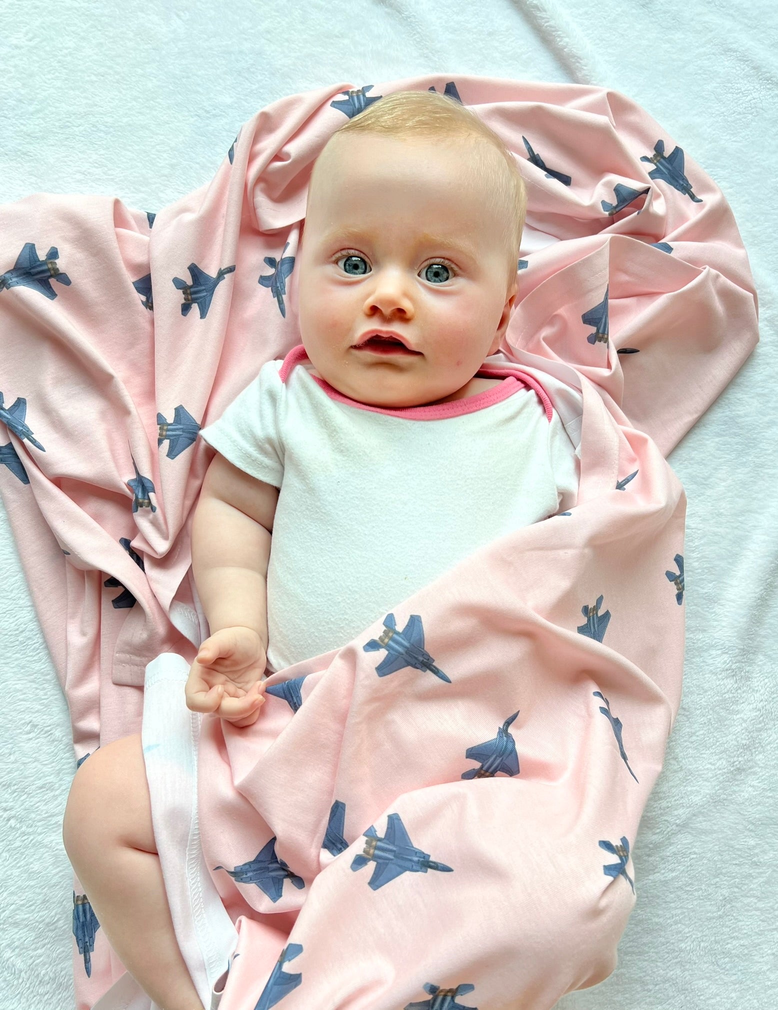 Lil Pilot Pastels Jersey Knit Swaddle- F-15 fighter jet-coral