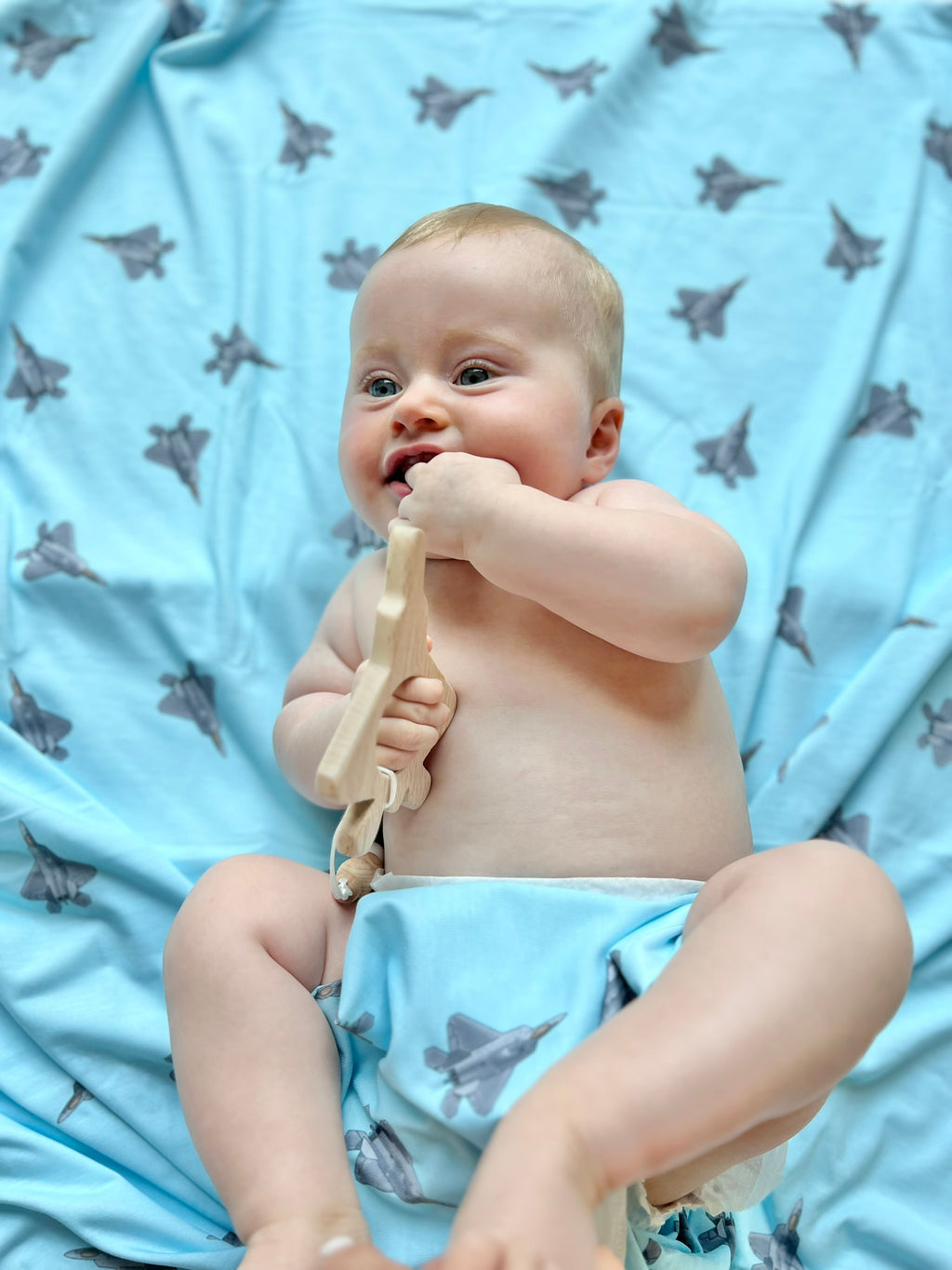 Lil Pilot Pastels Jersey Knit Swaddle- F-22 fighter jet-cyan