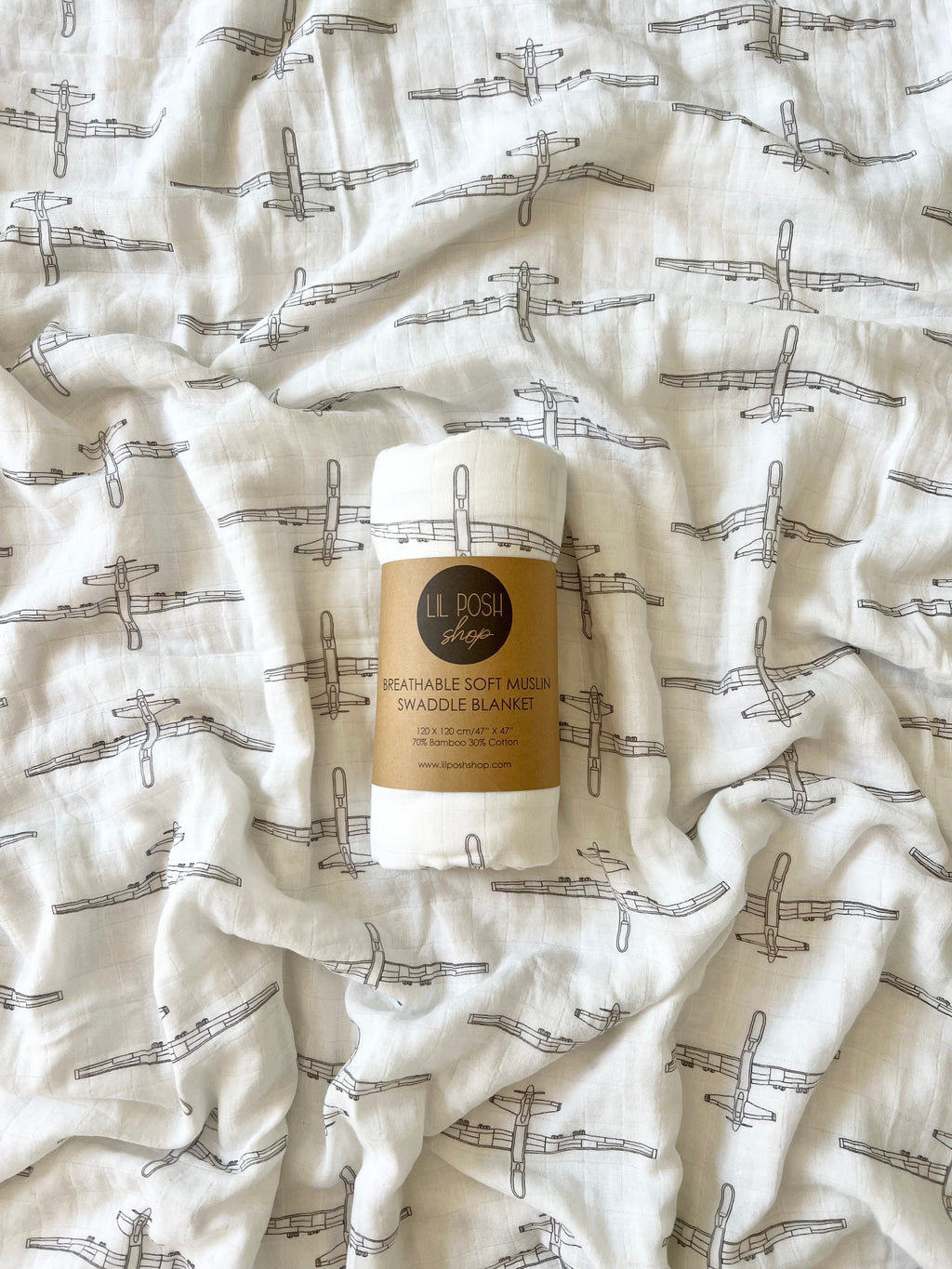 MQ-9 Reaper Blueprint Fighter Jet Muslin Swaddle/Blanket in TAUPE GREY