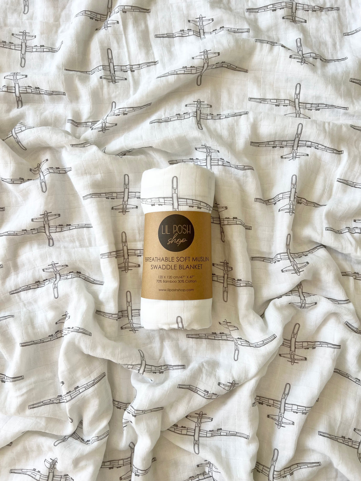 MQ-9 Reaper Blueprint Fighter Jet Muslin Swaddle/Blanket in TAUPE GREY