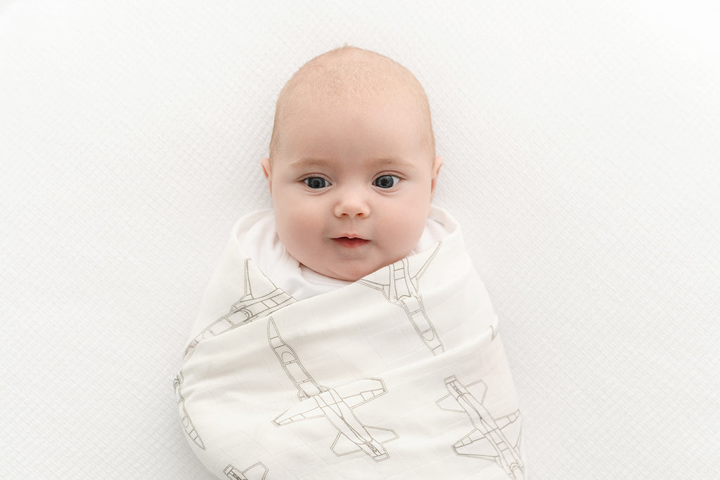 T-38 Blueprint Fighter Jet Muslin Swaddle/Blanket- TAUPE GREY