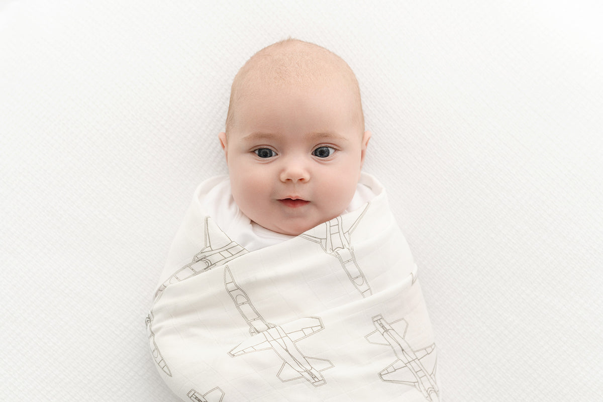 T-38 Blueprint Fighter Jet Muslin Swaddle/Blanket- TAUPE GREY