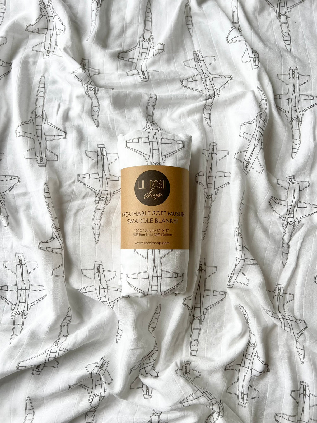 T-38 Blueprint Fighter Jet Muslin Swaddle/Blanket- TAUPE GREY