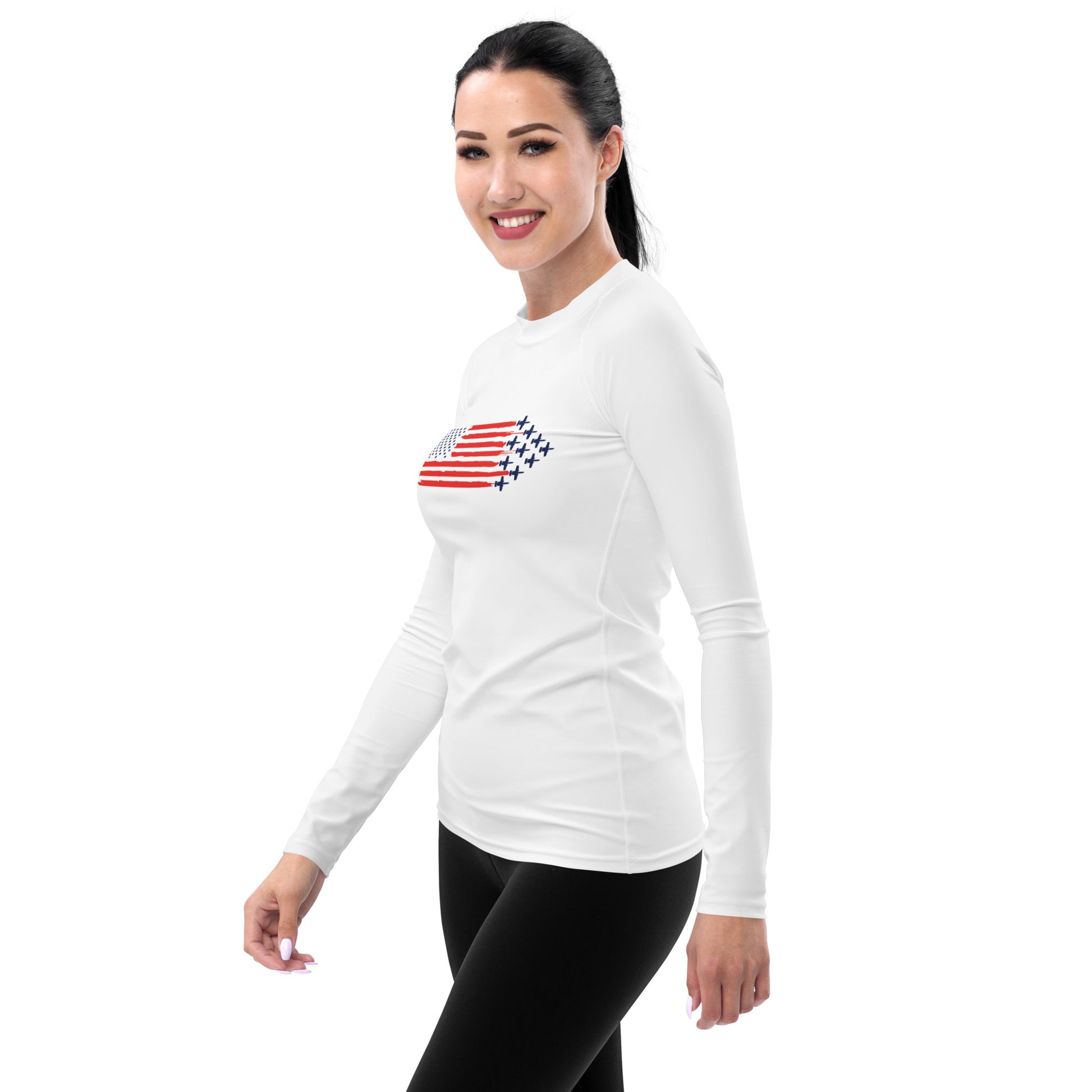 A-10 Fighter Jet and Flag Womens Rashguard- side view