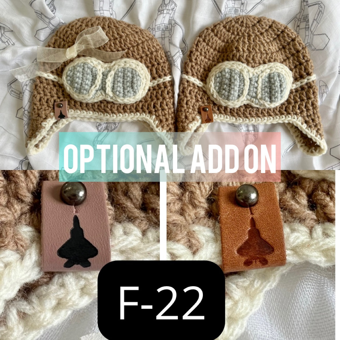 Infant Pilot Hat/Aviator Cap w/optional Jet Tag 0-3Mo. and 6-12Mo.