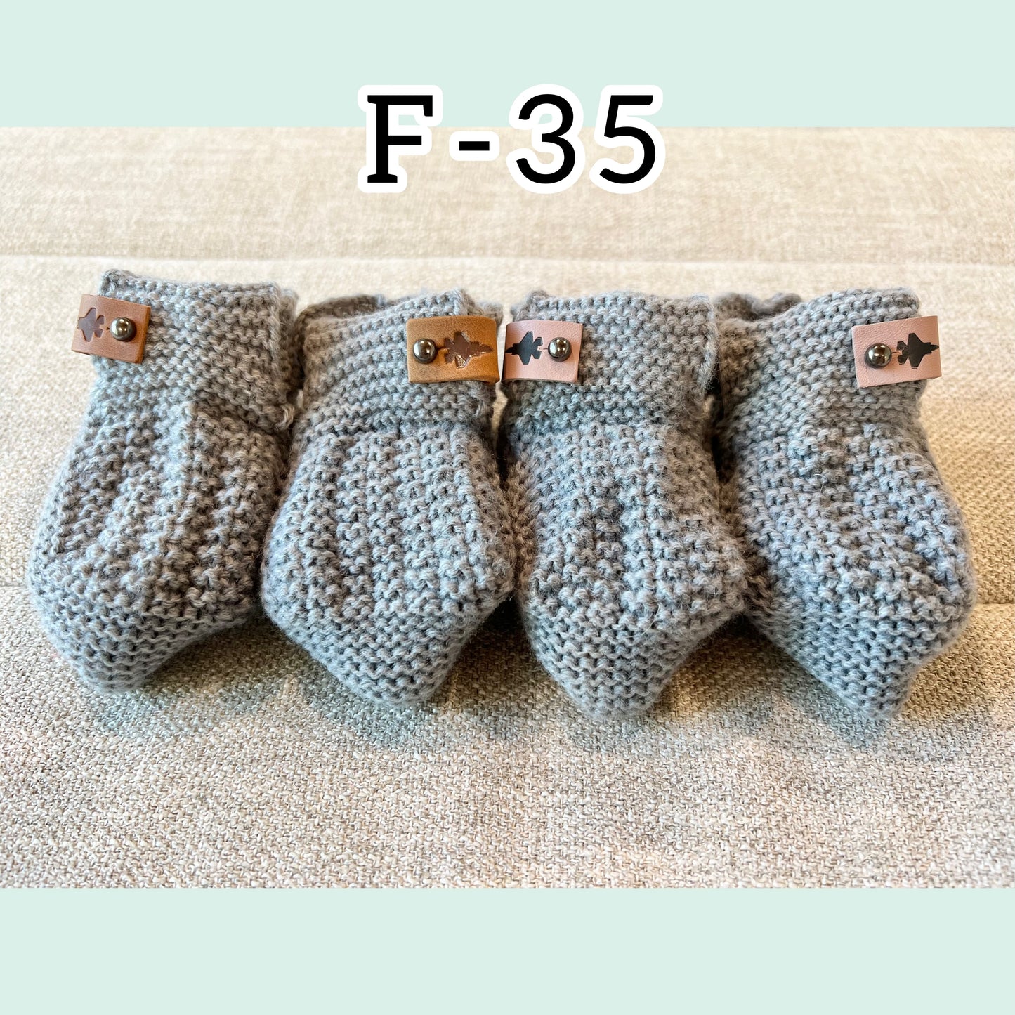 Crochet Baby Booties w/ Leather Tag (offered in A-10, F-15, F-16, F-18, F-22, F-35)