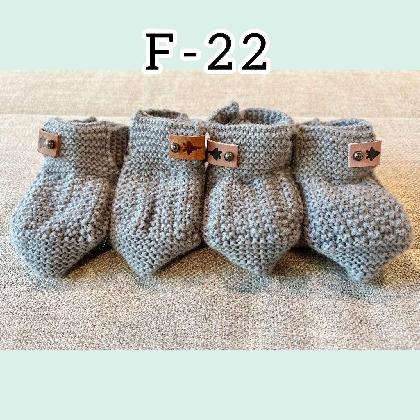 Crochet Baby Booties w/ Leather Tag (offered in A-10, F-15, F-16, F-18, F-22, F-35)