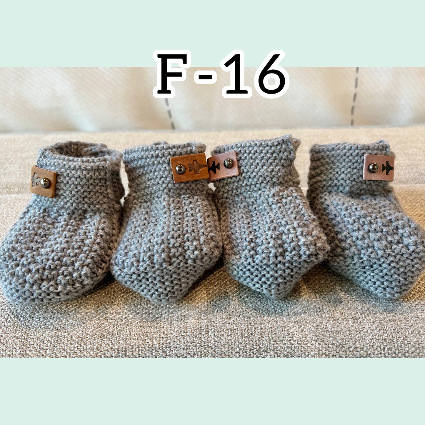 Crochet Baby Booties w/ Leather Tag (offered in A-10, F-15, F-16, F-18, F-22, F-35)