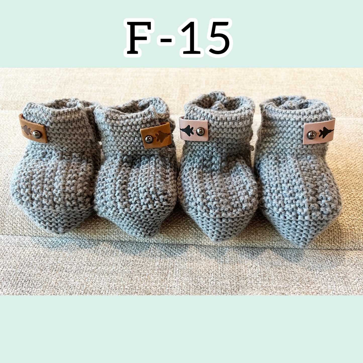 Crochet Baby Booties w/ Leather Tag (offered in A-10, F-15, F-16, F-18, F-22, F-35)