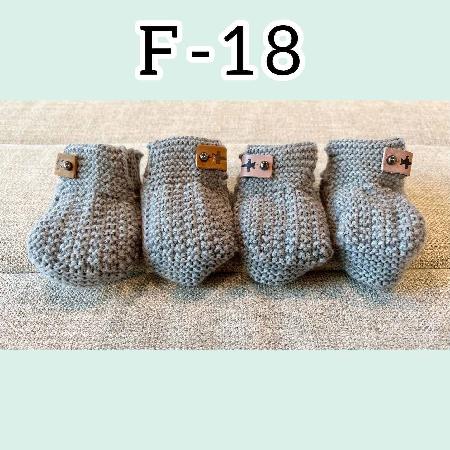 Crochet Baby Booties w/ Leather Tag (offered in A-10, F-15, F-16, F-18, F-22, F-35)