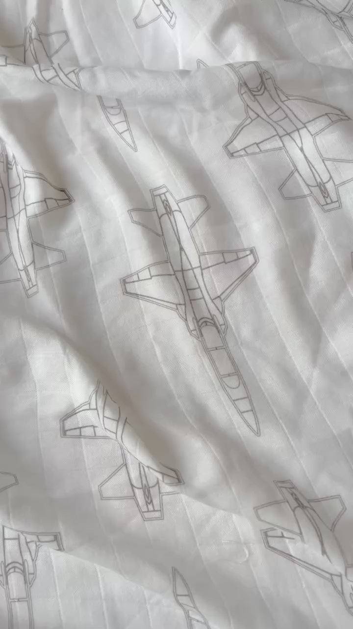 T-38 Blueprint Fighter Jet Muslin Swaddle/Blanket- TAUPE GREY