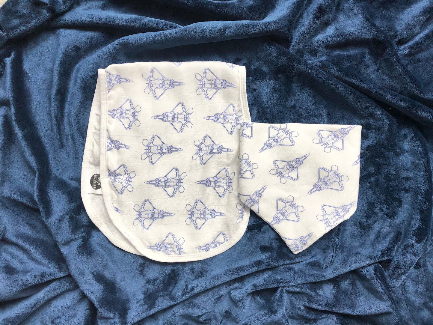 CLOSEOUT: F-22 Blueprint Fighter Jet Bandana/Drool Bib + Burp Cloth Set in Blue, Navy or Mauve