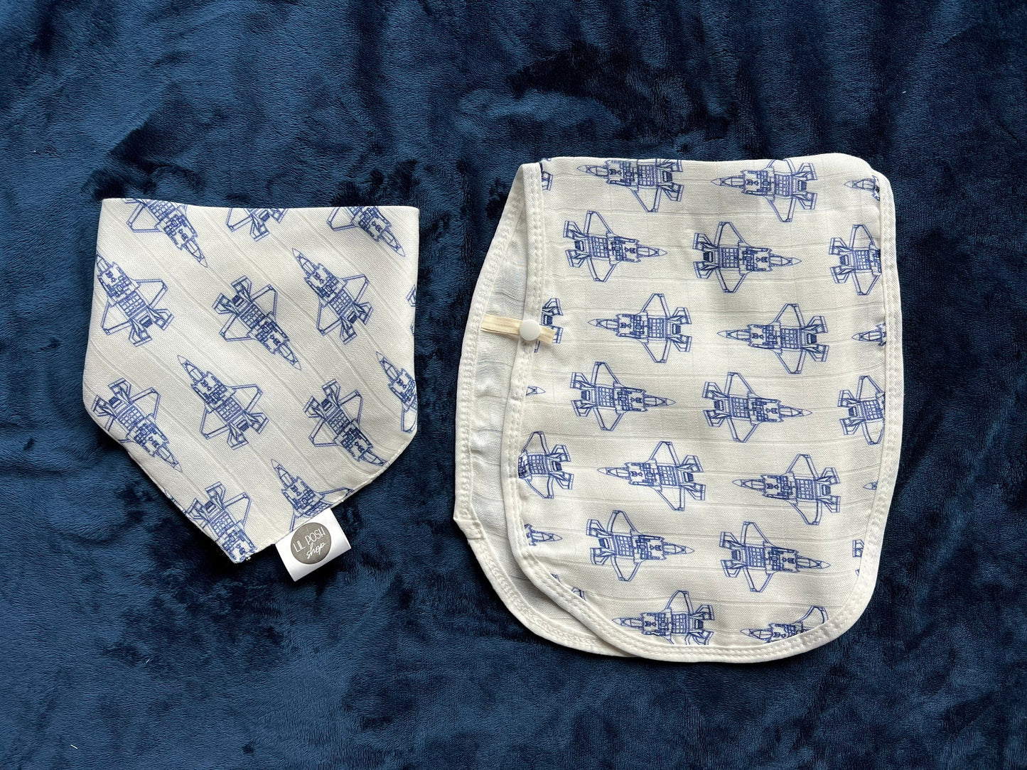 CLOSEOUT: F-35A Blueprint Fighter Jet Bandana/Drool Bib + Burp Cloth SET