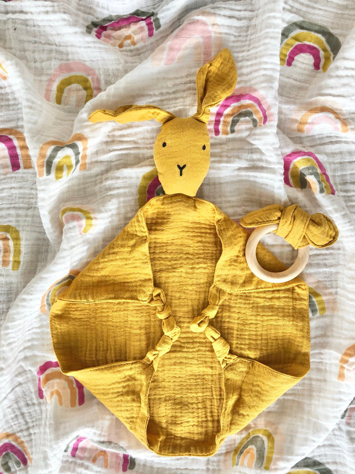 100% Cotton Muslin Bunny Lovey and Ring Set