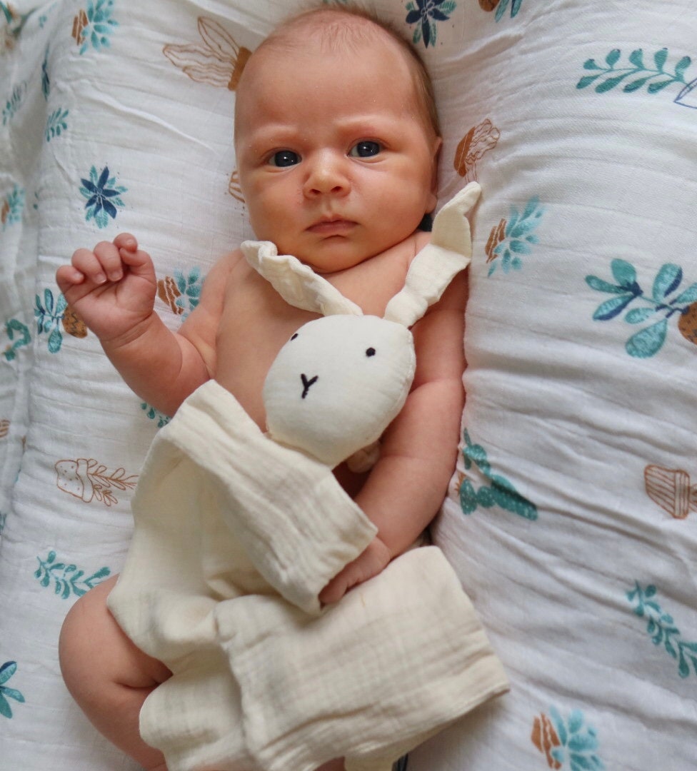 100% Cotton Muslin Bunny Lovey and Ring Set