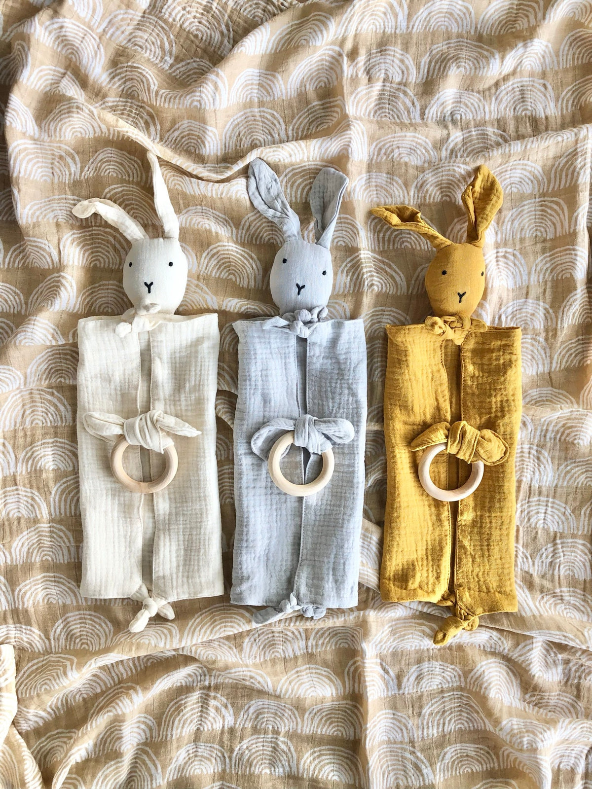 100% Cotton Muslin Bunny Lovey and Ring Set