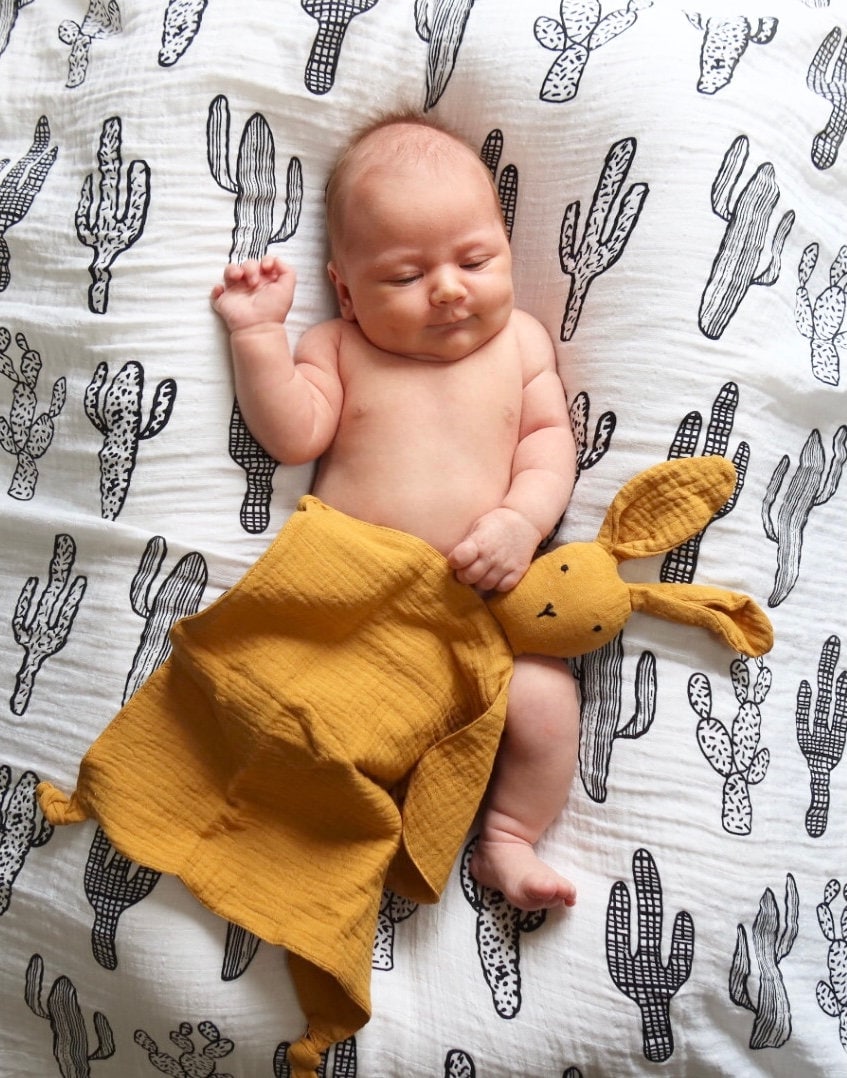 100% Cotton Muslin Bunny Lovey and Ring Set